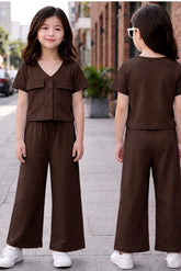 Girls Button Pocket Co-Ord Set – Soft Jersey Crop Top and Wide Leg Trouser