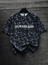 Calvin Klein Black Splatter Print Oversized T-Shirt for Men | Grey Camo Style Crew Neck Tee