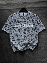 Calvin Klein Grey Splatter Print Oversized T-Shirt for Men | Black Camo Style Crew Neck Tee
