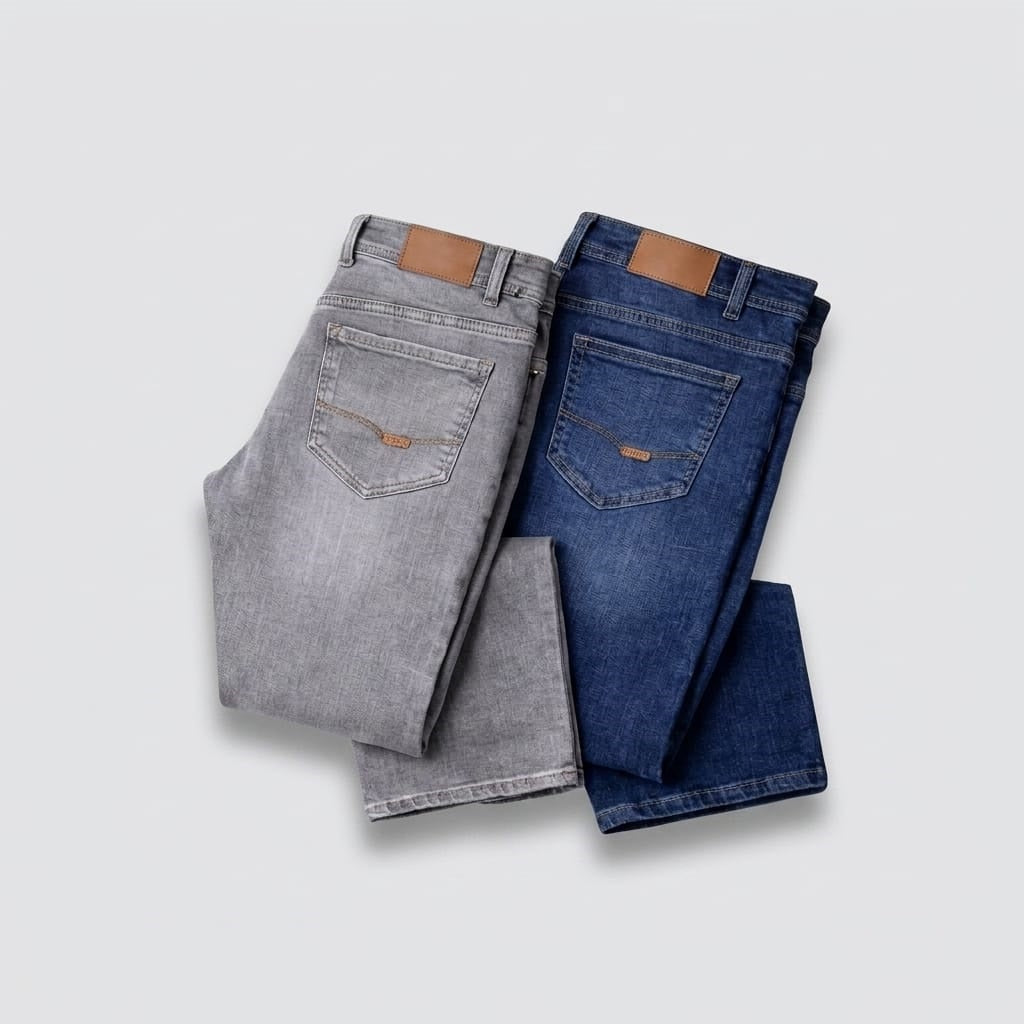 Pack of 2 Export Quality Stretchable & Straight Fit Men's Denim Jeans – Grey & Blue