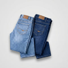 Pack of 2 Export Quality Stretchable & Straight Fit Men's Denim Jeans – Light Wash & Dark Blue