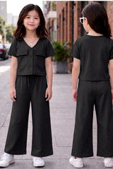 Girls Button Pocket Co-Ord Set – Soft Jersey Crop Top and Wide Leg Trouser