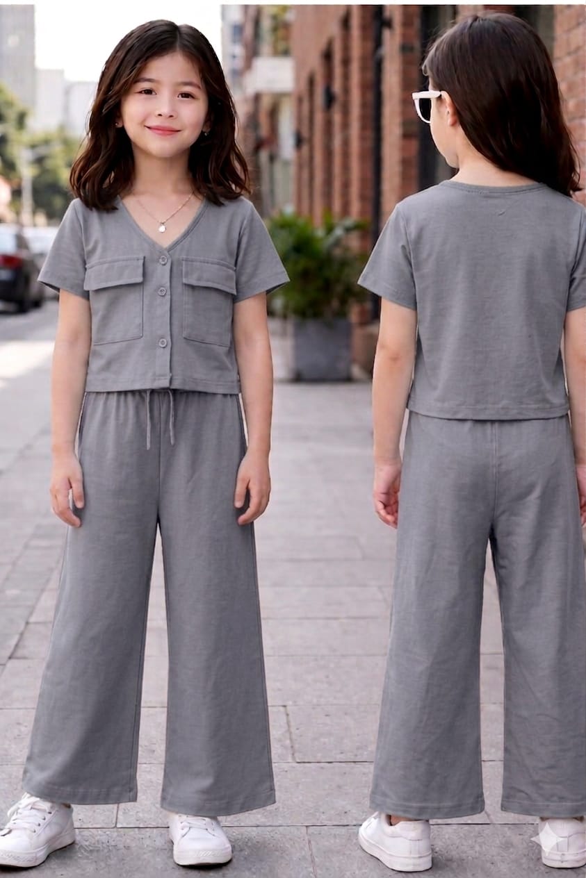 Girls Button Pocket Co-Ord Set – Soft Jersey Crop Top and Wide Leg Trouser