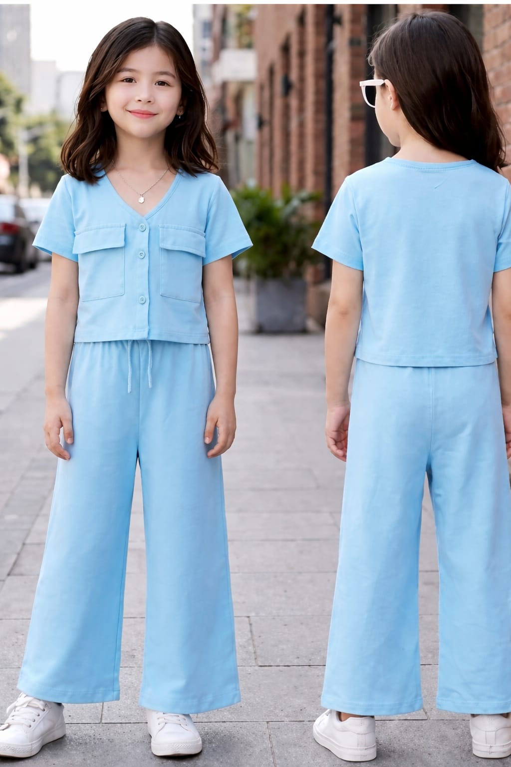 Girls Button Pocket Co-Ord Set – Soft Jersey Crop Top and Wide Leg Trouser