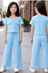 Girls Button Pocket Co-Ord Set – Soft Jersey Crop Top and Wide Leg Trouser