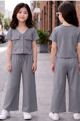 Girls Button Pocket Co-Ord Set – Soft Jersey Crop Top and Wide Leg Trouser