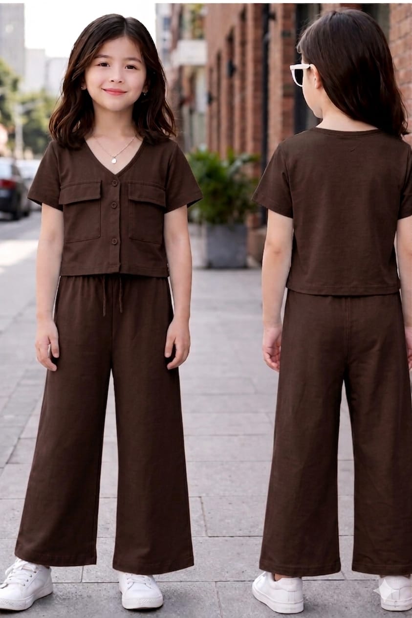 Girls Button Pocket Co-Ord Set – Soft Jersey Crop Top and Wide Leg Trouser