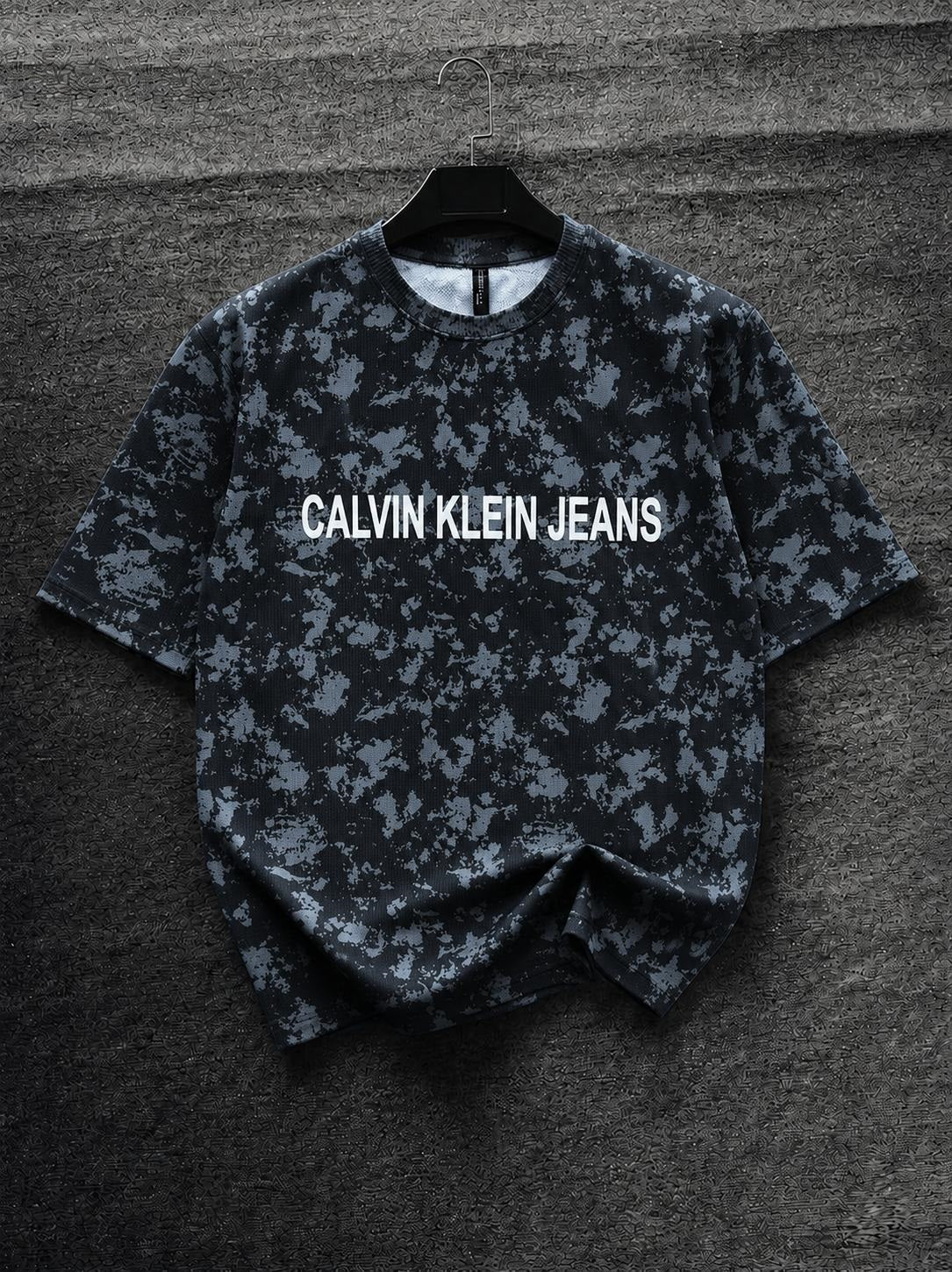 Calvin Klein Black Splatter Print Oversized T-Shirt for Men | Grey Camo Style Crew Neck Tee