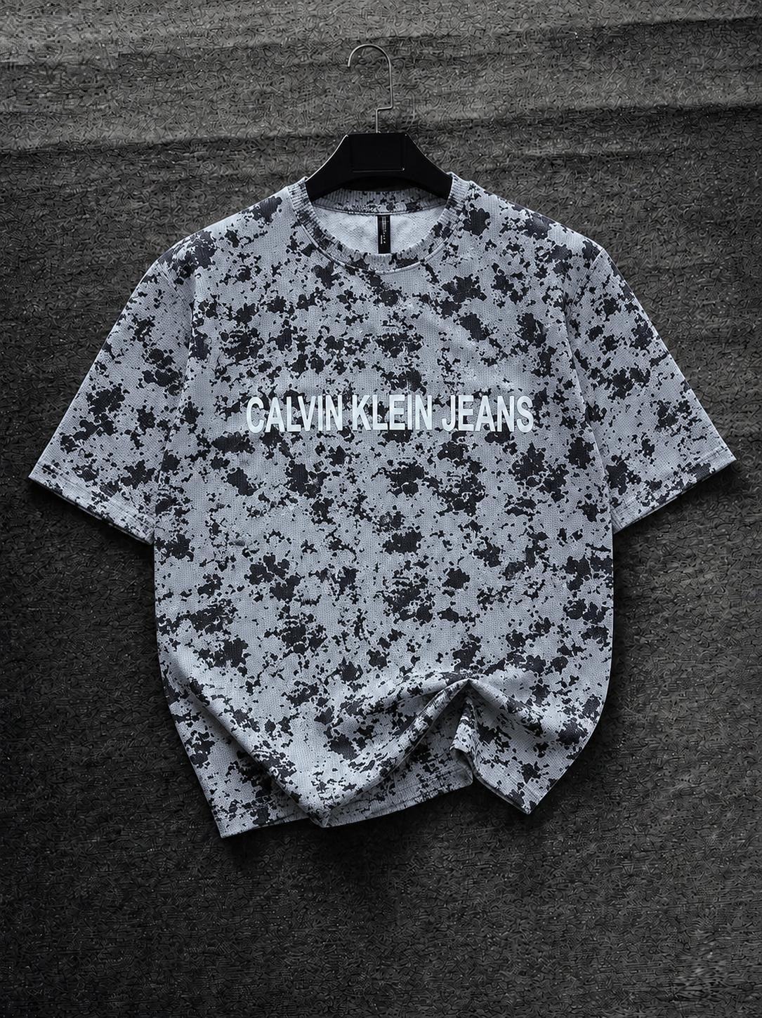 Calvin Klein Grey Splatter Print Oversized T-Shirt for Men | Black Camo Style Crew Neck Tee